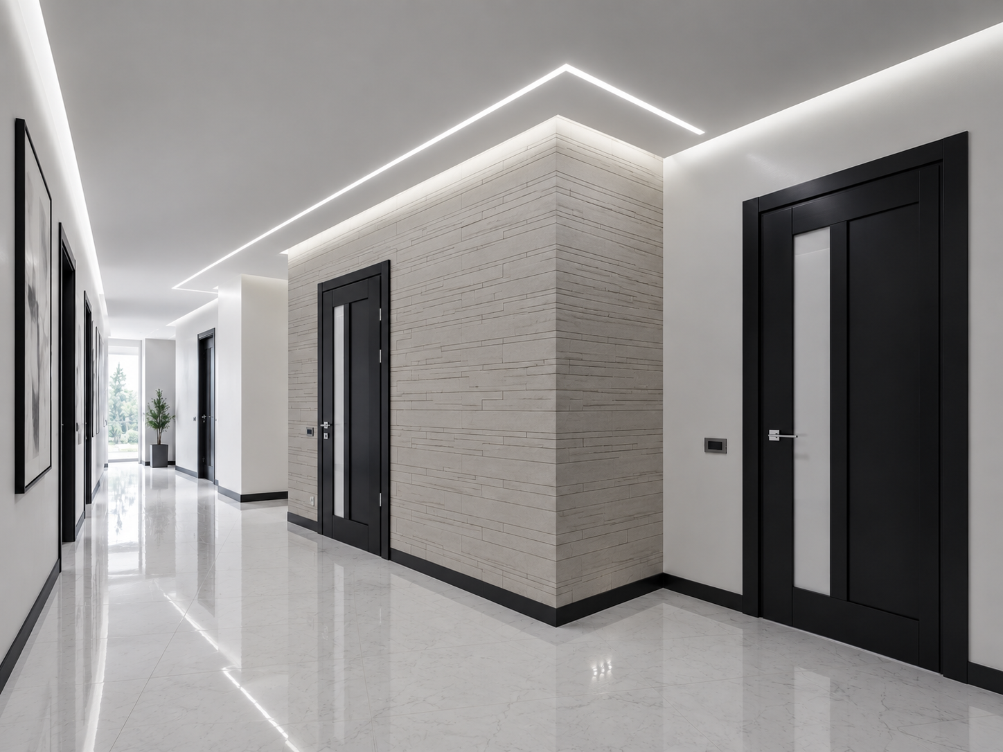 Corridoio contemporaneo con linea LED integrata nel controsoffitto in cartongesso e percorso luminoso con cambio di direzione.